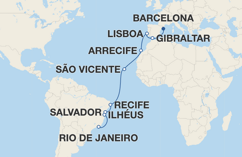Gibraltar, Lisboa, Arrecife, São Vicente, Recife, Salvador, Ilhéus