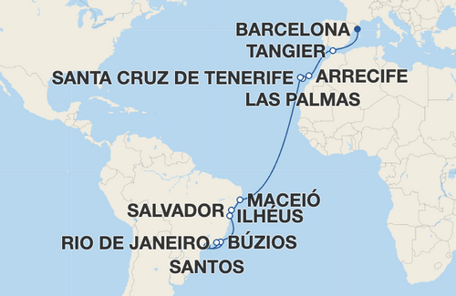 Tangier, Arrecife, Las Palmas de Gran Canaria, Santa Cruz de Tenerife, Maceió, Salvador, Ilhéus, Búzios, Santos