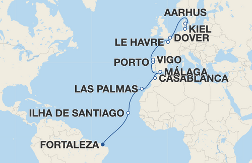 Ilha de Santiago, Las Palmas de Gran Canaria, Casablanca, Málaga, Porto, Vigo, Le Havre, Dover, Aarhus