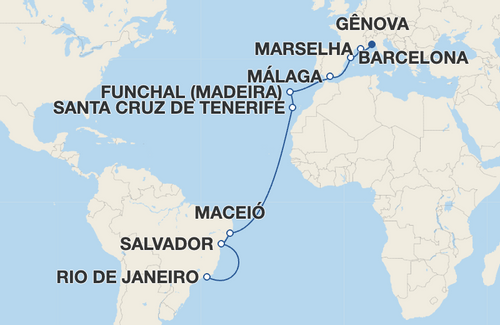 Marselha, Barcelona, Málaga, Funchal, Santa Cruz de Tenerife, Maceió, Salvador