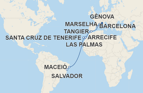 Marselha, Barcelona, Tangier, Arrecife, Las Palmas de Gran Canaria, Santa Cruz de Tenerife, Maceió