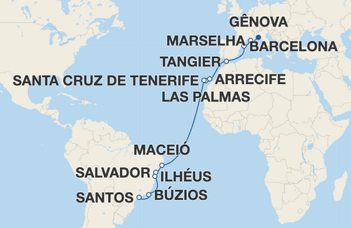 Marselha, Barcelona, Tangier, Arrecife, Las Palmas de Gran Canaria, Santa Cruz de Tenerife, Maceió, Salvador, Ilhéus, Búzios