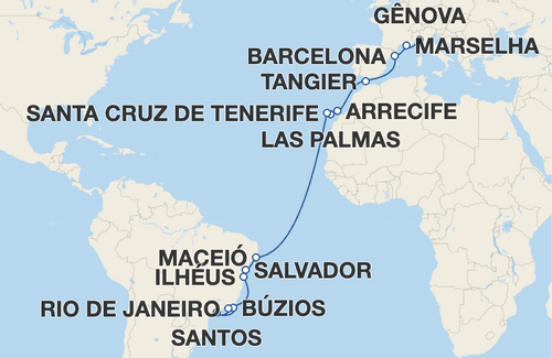 Marselha, Barcelona, Tangier, Arrecife, Las Palmas de Gran Canaria, Santa Cruz de Tenerife, Maceió, Salvador, Ilhéus, Búzios, Santos