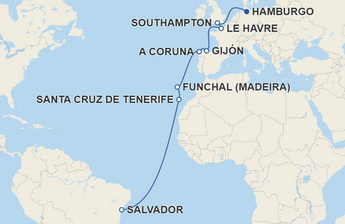 Southampton, Le Havre, Gijón, A Coruna, Funchal, Santa Cruz de Tenerife