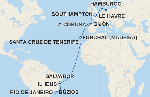 Southampton, Le Havre, Gijón, A Coruna, Funchal, Santa Cruz de Tenerife, Salvador, Ilhéus, Búzios