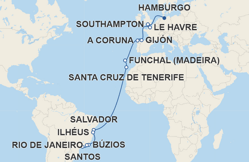 Southampton, Le Havre, Gijón, A Coruna, Funchal, Santa Cruz de Tenerife, Salvador, Ilhéus, Búzios, Rio de Janeiro
