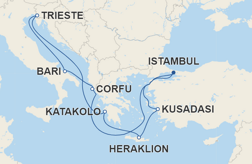 Corfu, Bari, Trieste, Katakolo, Heraklion, Kusadasi