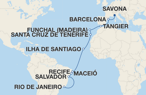Barcelona, Tangier, Funchal, Santa Cruz de Tenerife, Ilha de Santiago, Recife, Maceió, Salvador