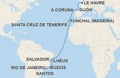 Gijón, A Coruna, Funchal, Santa Cruz de Tenerife, Salvador, Ilhéus, Búzios, Rio de Janeiro