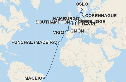 Funchal, Vigo, Gijón, Southampton, Le Havre, Zeebrugge, Copenhague, Oslo
