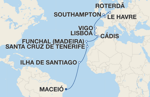 Ilha de Santiago, Santa Cruz de Tenerife, Funchal, Cádis, Lisboa, Vigo, Le Havre, Southampton