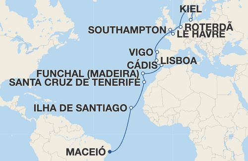 Ilha de Santiago, Santa Cruz de Tenerife, Funchal, Cádis, Lisboa, Vigo, Le Havre, Southampton, Roterdã 