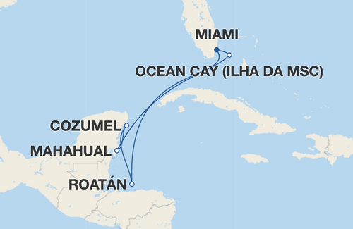 Mahahual, Cozumel, Roatán, Ocean Cay (Ilha da MSC)