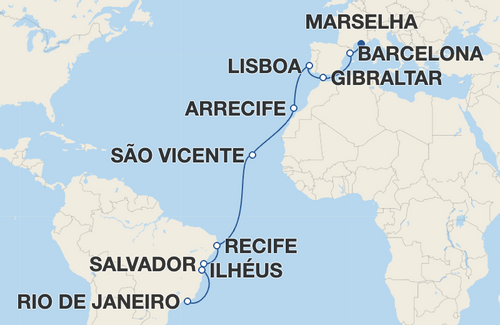 Barcelona, Gibraltar, Lisboa, Arrecife, São Vicente, Recife, Salvador, Ilhéus