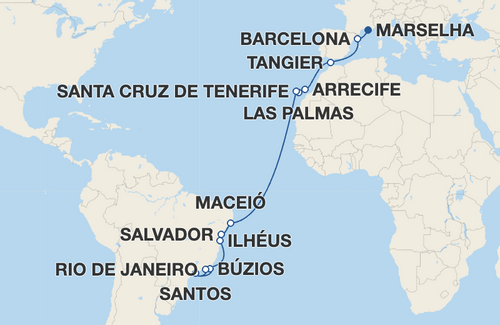 Barcelona, Tangier, Arrecife, Las Palmas de Gran Canaria, Santa Cruz de Tenerife, Maceió, Salvador, Ilhéus, Búzios, Santos