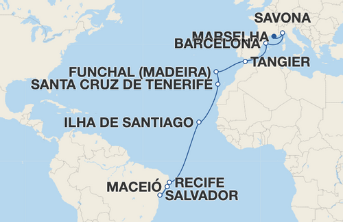 Savona, Barcelona, Tangier, Funchal, Santa Cruz de Tenerife, Ilha de Santiago, Recife, Maceió