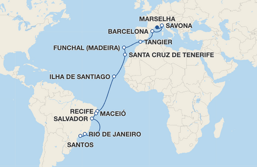 Savona, Barcelona, Tangier, Funchal, Santa Cruz de Tenerife, Ilha de Santiago, Recife, Maceió, Salvador, Rio de Janeiro