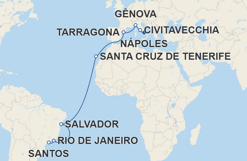 Civitavecchia, Gênova, Tarragona, Santa Cruz de Tenerife, Salvador, Rio de Janeiro