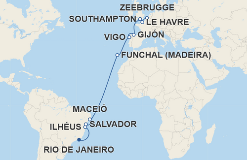 Ilhéus, Salvador, Maceió, Funchal, Vigo, Gijón, Southampton, Le Havre