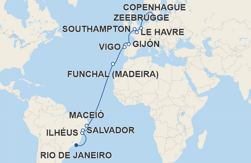 Ilhéus, Salvador, Maceió, Funchal, Vigo, Gijón, Southampton, Le Havre, Zeebrugge
