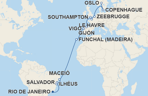 Ilhéus, Salvador, Maceió, Funchal, Vigo, Gijón, Southampton, Le Havre, Zeebrugge, Copenhague