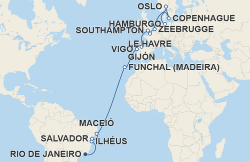 Ilhéus, Salvador, Maceió, Funchal, Vigo, Gijón, Southampton, Le Havre, Zeebrugge, Copenhague, Oslo