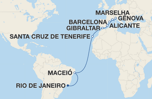 Maceió, Santa Cruz de Tenerife, Gibraltar, Alicante, Barcelona, Marselha