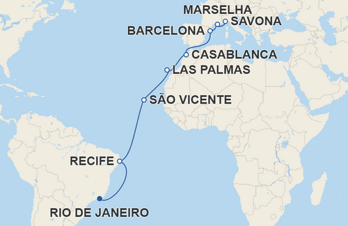 Recife, São Vicente, Las Palmas de Gran Canaria, Casablanca, Barcelona, Marselha