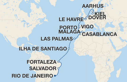 Salvador, Fortaleza, Ilha de Santiago, Las Palmas de Gran Canaria, Casablanca, Málaga, Porto, Vigo, Le Havre, Dover, Aarhus