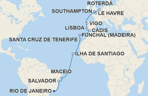 Salvador, Maceió, Ilha de Santiago, Santa Cruz de Tenerife, Funchal, Cádis, Lisboa, Vigo, Le Havre, Southampton