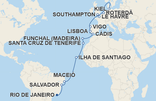 Salvador, Maceió, Ilha de Santiago, Santa Cruz de Tenerife, Funchal, Cádis, Lisboa, Vigo, Le Havre, Southampton, Roterdã 