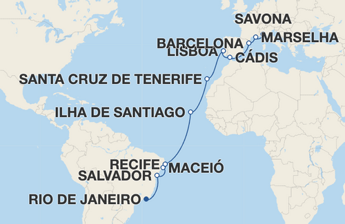 Salvador, Maceió, Recife, Ilha de Santiago, Santa Cruz de Tenerife, Lisboa, Cádis, Barcelona, Marselha