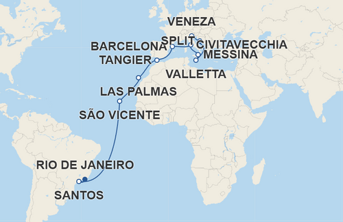 Santos, São Vicente, Las Palmas de Gran Canaria, Tangier, Barcelona, Civitavecchia, Messina, Valletta, Split