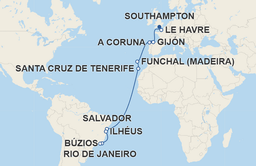Le Havre, Gijón, A Coruna, Funchal, Santa Cruz de Tenerife, Salvador, Ilhéus, Búzios