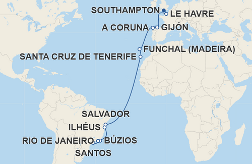 Le Havre, Gijón, A Coruna, Funchal, Santa Cruz de Tenerife, Salvador, Ilhéus, Búzios, Rio de Janeiro