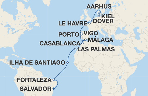 Fortaleza, Ilha de Santiago, Las Palmas de Gran Canaria, Casablanca, Málaga, Porto, Vigo, Le Havre, Dover, Aarhus