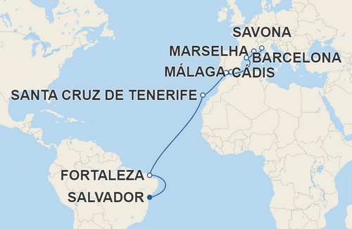 Fortaleza, Santa Cruz de Tenerife, Cádis, Málaga, Barcelona, Marselha