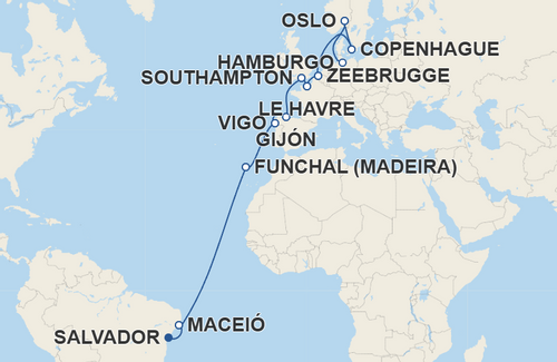 Maceió, Funchal, Vigo, Gijón, Southampton, Le Havre, Zeebrugge, Copenhague, Oslo