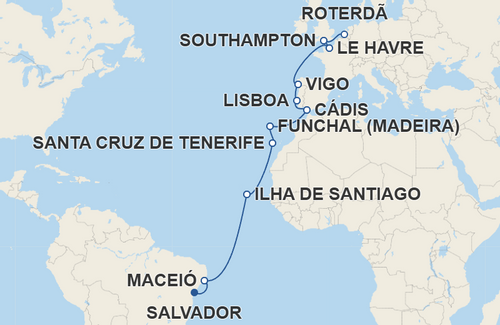 Maceió, Ilha de Santiago, Santa Cruz de Tenerife, Funchal, Cádis, Lisboa, Vigo, Le Havre, Southampton