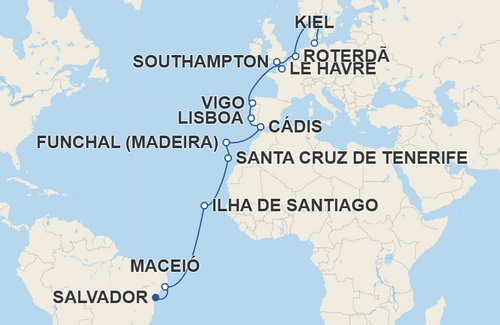 Maceió, Ilha de Santiago, Santa Cruz de Tenerife, Funchal, Cádis, Lisboa, Vigo, Le Havre, Southampton, Roterdã 