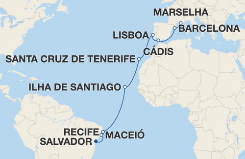 Maceió, Recife, Ilha de Santiago, Santa Cruz de Tenerife, Lisboa, Cádis, Barcelona