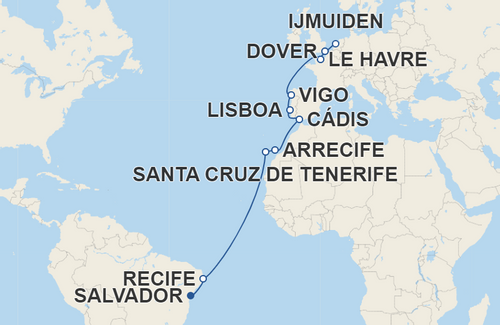 Recife, Santa Cruz de Tenerife, Arrecife, Cádis, Lisboa, Vigo, Le Havre, Dover