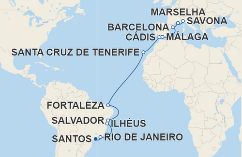 Rio de Janeiro, Ilhéus, Salvador, Fortaleza, Santa Cruz de Tenerife, Cádis, Málaga, Barcelona, Marselha
