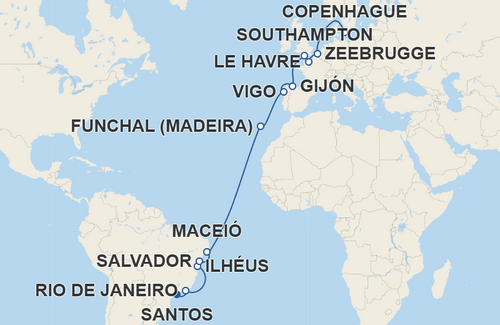 Rio de Janeiro, Ilhéus, Salvador, Maceió, Funchal, Vigo, Gijón, Southampton, Le Havre, Zeebrugge