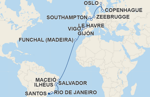 Rio de Janeiro, Ilhéus, Salvador, Maceió, Funchal, Vigo, Gijón, Southampton, Le Havre, Zeebrugge, Copenhague