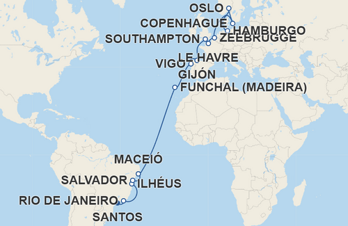 Rio de Janeiro, Ilhéus, Salvador, Maceió, Funchal, Vigo, Gijón, Southampton, Le Havre, Zeebrugge, Copenhague, Oslo
