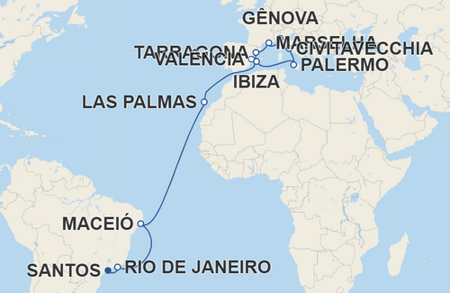 Rio de Janeiro, Maceió, Las Palmas de Gran Canaria, Tarragona, Marselha, Gênova, Civitavecchia, Palermo, Ibiza