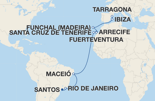 Rio de Janeiro, Maceió, Santa Cruz de Tenerife, Arrecife, Fuerteventura, Funchal, Ibiza