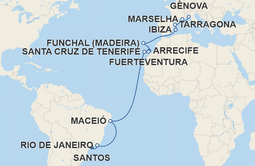 Rio de Janeiro, Maceió, Santa Cruz de Tenerife, Arrecife, Fuerteventura, Funchal, Ibiza, Tarragona, Marselha