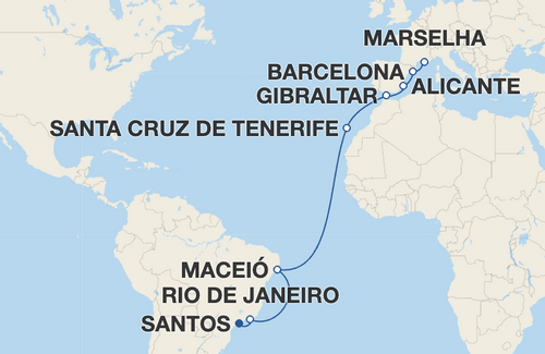 Rio de Janeiro, Maceió, Santa Cruz de Tenerife, Gibraltar, Alicante, Barcelona